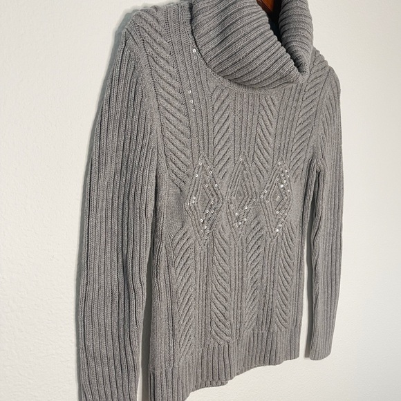 Talbots cowl neck wool blend sequins cable knit gray sweater - Picture 2 of 8
